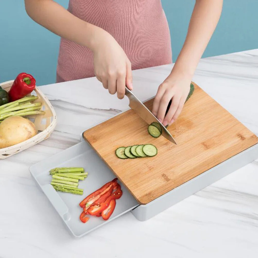 Planche à Découper Tiroir Multifonction en Bambou avec compartiment pour légumes frais et préparation facile