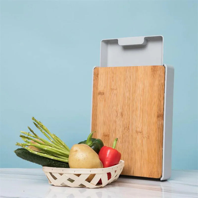 Planche à Découper Tiroir Multifonction en Bambou avec légumes frais dans un panier