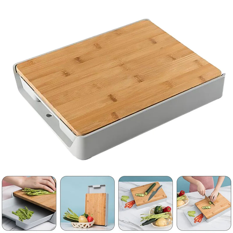 Planche à Découper Tiroir Multifonction en Bambou avec rangement pour légumes et ustensiles de cuisine