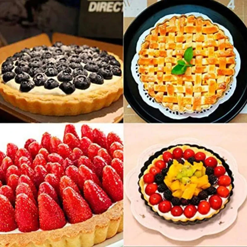 Plaque à Pizza Antiadhésive avec Fond Amovible – 5, 8, 9 pouces montrant tartes et desserts variés aux fruits frais