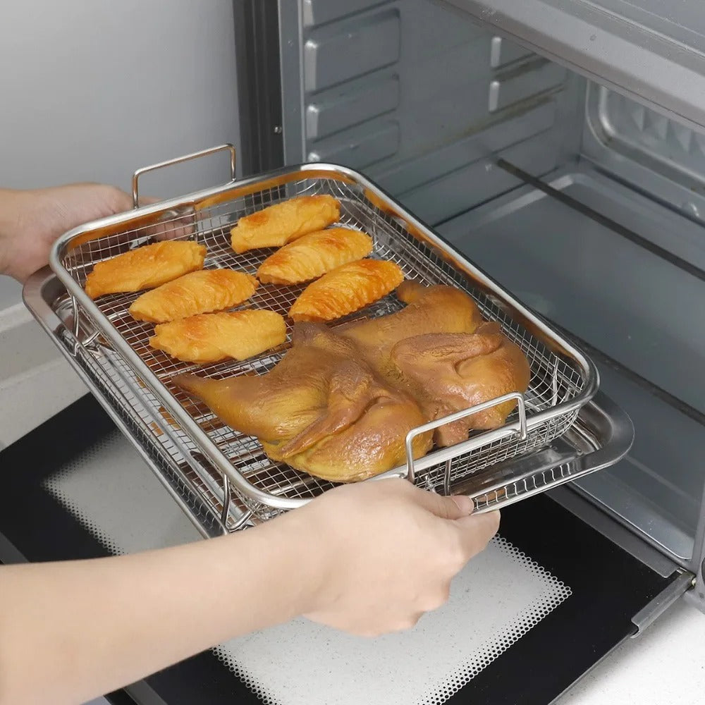 Plaque de cuisson en inox avec grille pour four, idéale pour rôtir, griller et cuire au four des aliments.