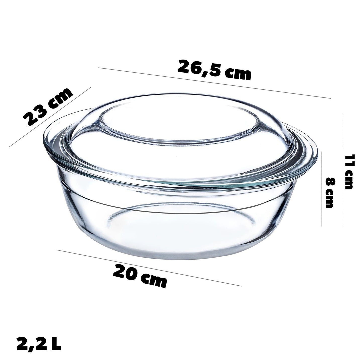 Plat à gratin en verre 2,2L résistant four 300°C avec des dimensions de 26,5 cm de diamètre