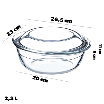Plat à gratin en verre 2,2L résistant four 300°C avec des dimensions de 26,5 cm de diamètre
