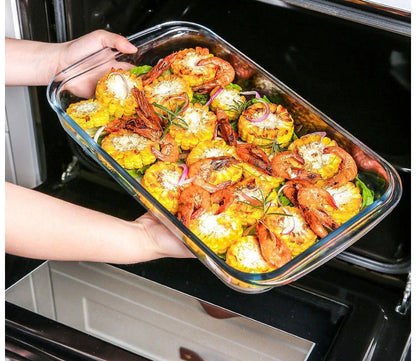 Plat cuisson verre trempé 400°C – 1L à 2,5L rempli de crevettes et épis de maïs prêt à être enfourné