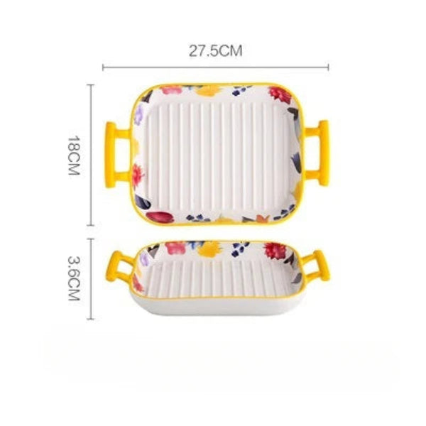 Plat de cuisson en céramique rectangulaire avec motifs floraux et poignées jaunes pour la cuisine