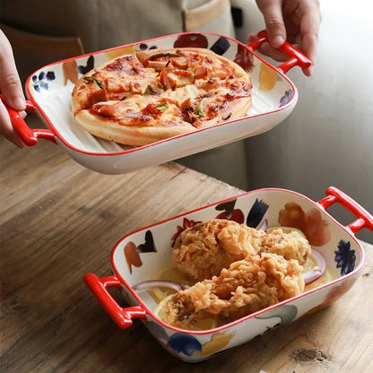 Plat de cuisson en céramique rectangulaire avec design coloré, idéal pour pizza et fritures