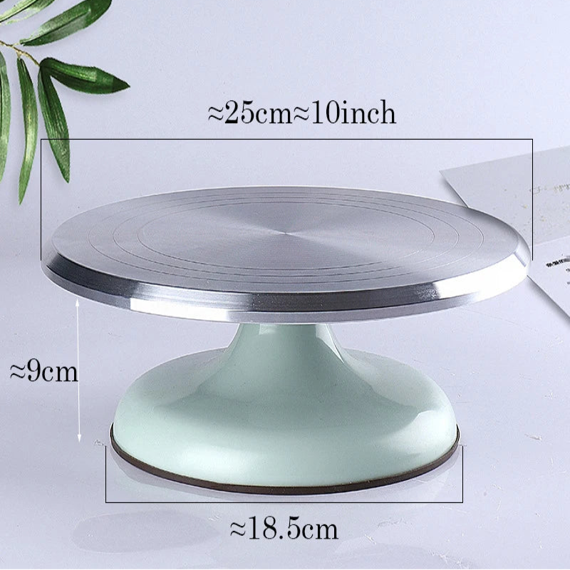 Plateau tournant de pâtisserie 25cm pour décorer vos gâteaux en bleu clair avec surface en acier inoxydable
