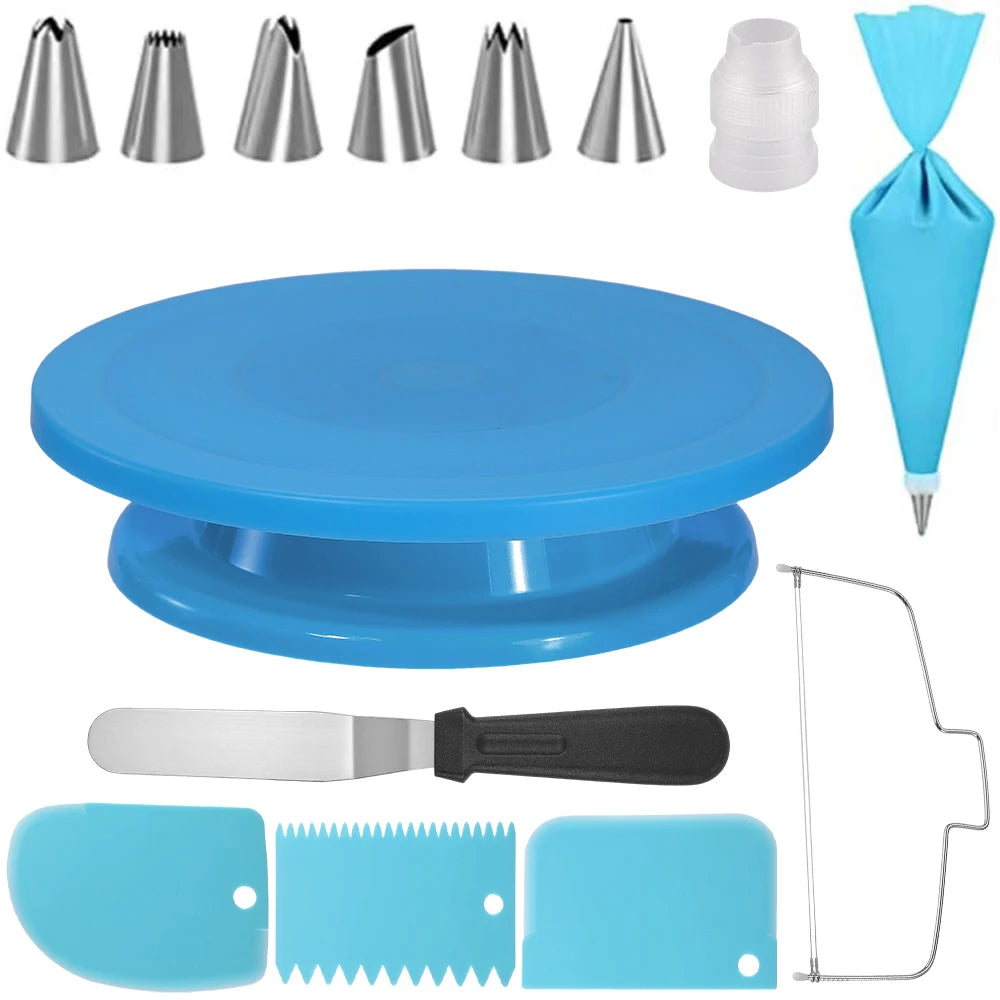 Plateau Tournant Pâtisserie – Kit Complet 14 Pièces avec douilles, spatule, racloirs et poche à douille bleu
