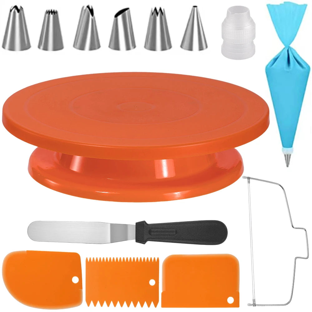 Plateau Tournant Pâtisserie – Kit Complet 14 Pièces avec douilles, spatules, racloirs et poche à douille bleu