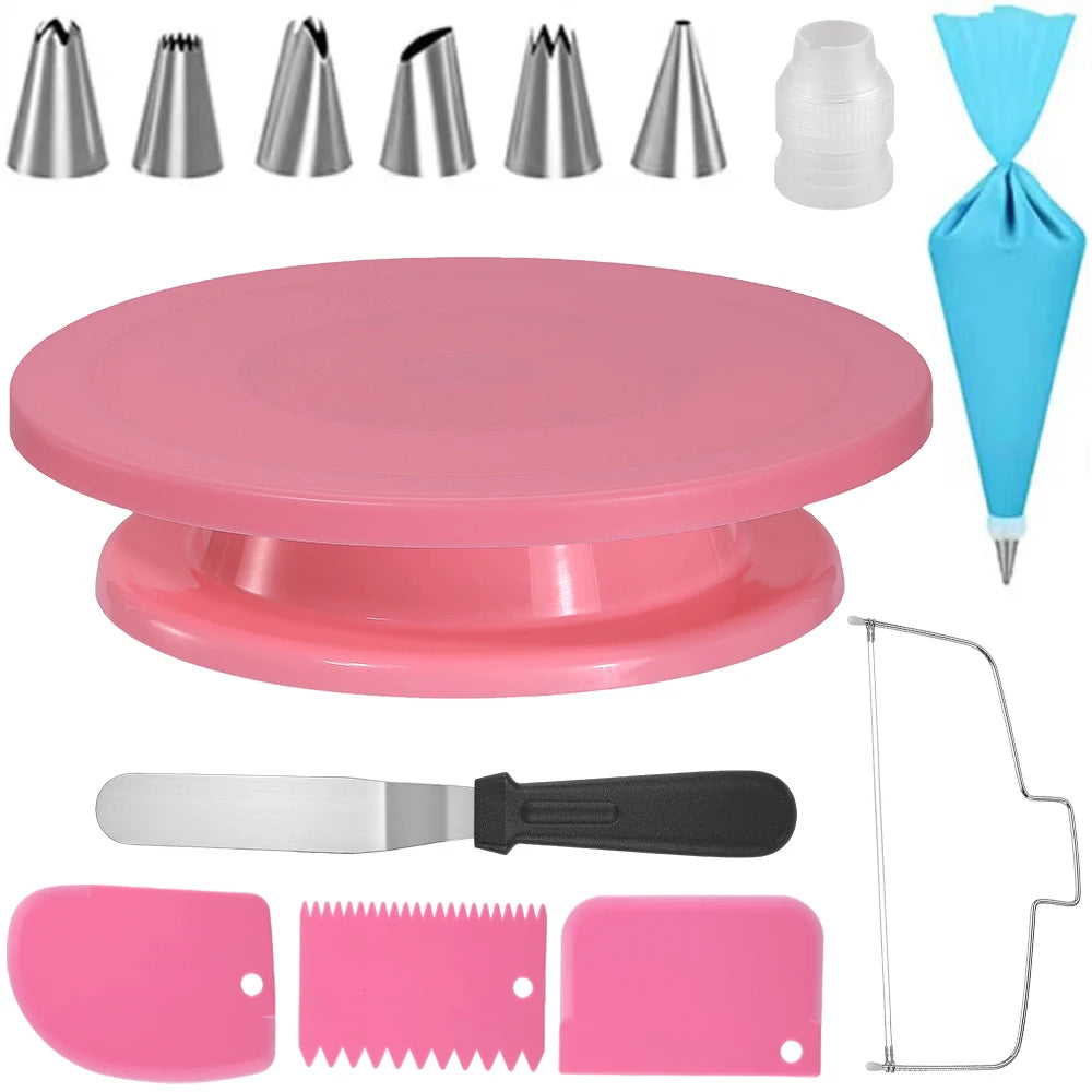 Plateau Tournant Pâtisserie – Kit Complet 14 Pièces avec accessoires de décoration et spatule rose