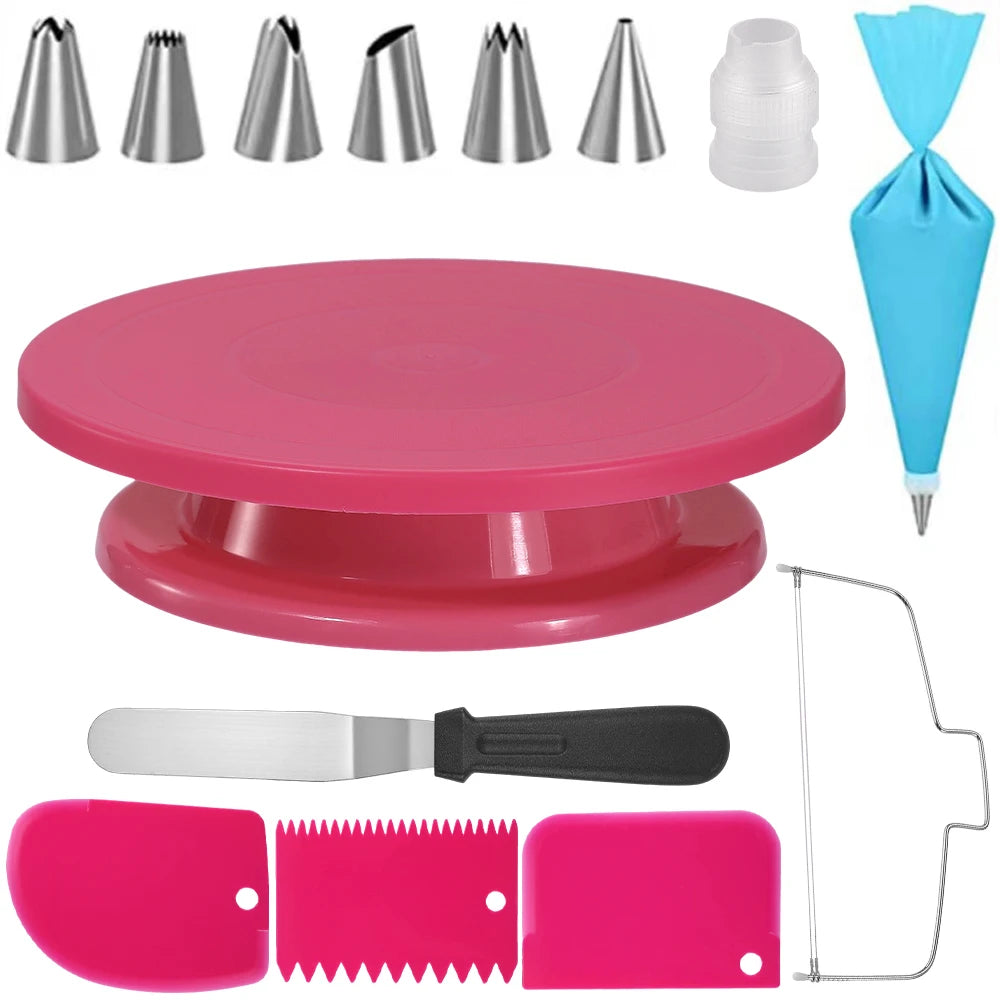Plateau Tournant Pâtisserie – Kit Complet 14 Pièces avec douilles, spatule, racloirs et poche à douille bleue