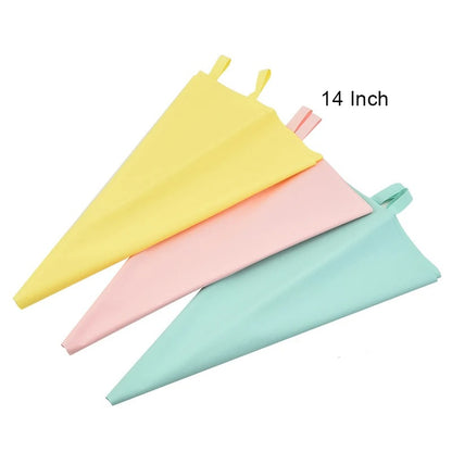 Trois poches à douille en silicone pour décoration pâtissière en jaune, rose et bleu, taille 14 pouces