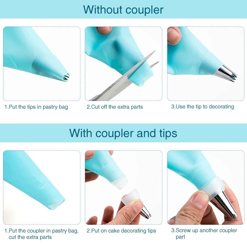 Poche à Douille en Silicone Réutilisable – Kit 7 Pièces montrant son utilisation avec des conseils de décoration