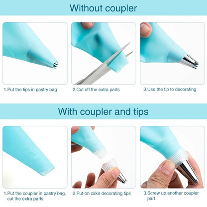 Poche à Douille en Silicone Réutilisable – Kit 7 Pièces montrant son utilisation avec des conseils de décoration