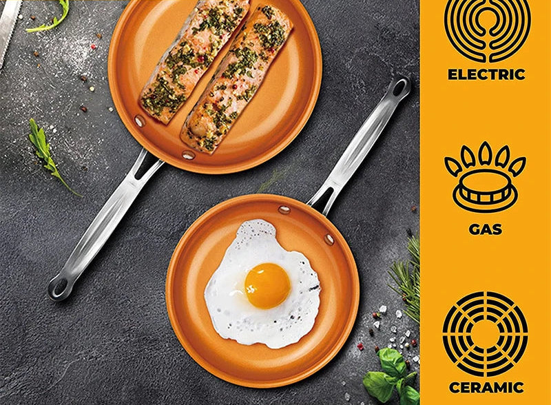 Poêle Céramique Antiadhésive Induction – 20 à 28 cm avec aliments cuisinés dont du saumon et un œuf