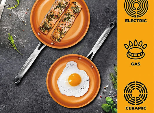 Poêle Céramique Antiadhésive Induction – 20 à 28 cm avec aliments cuisinés dont du saumon et un œuf