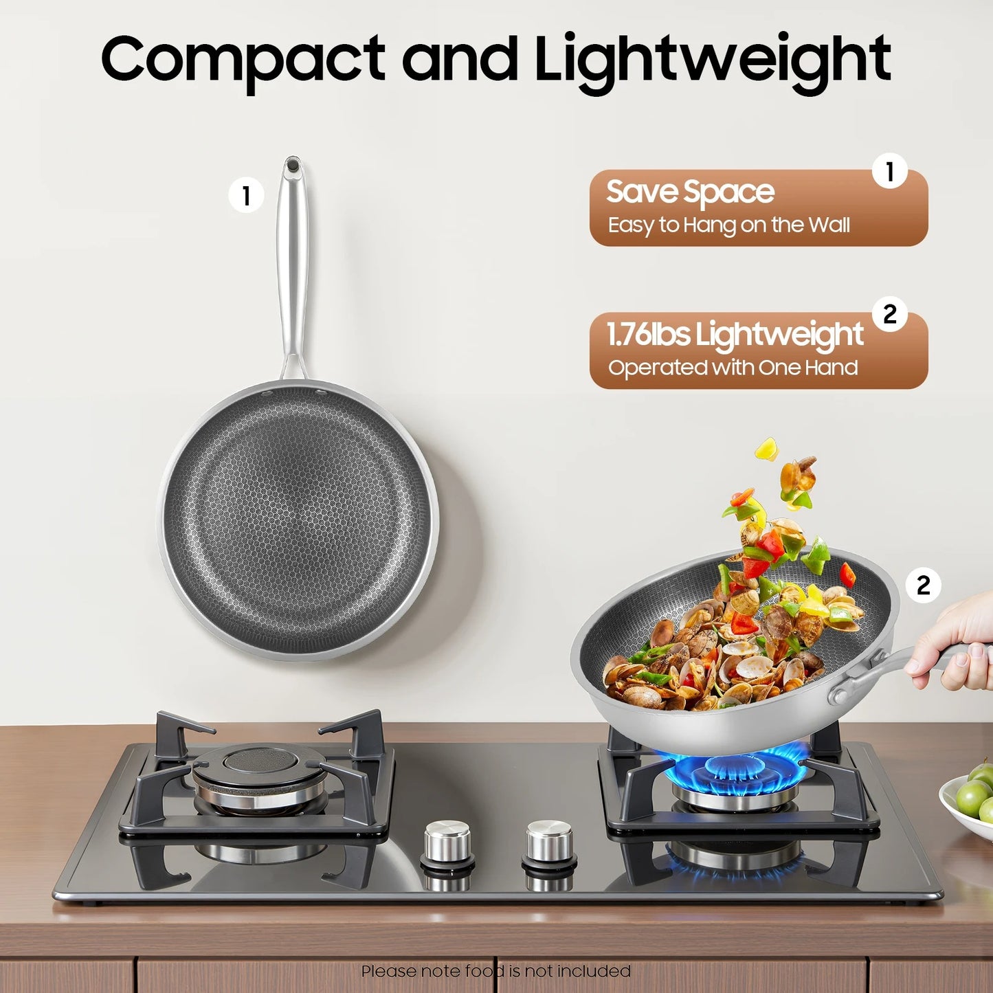 Poêle Inox Alvéolée Antiadhésive Nid d’Abeille Compatible Induction 28 cm avec des aliments cuisinés dessus