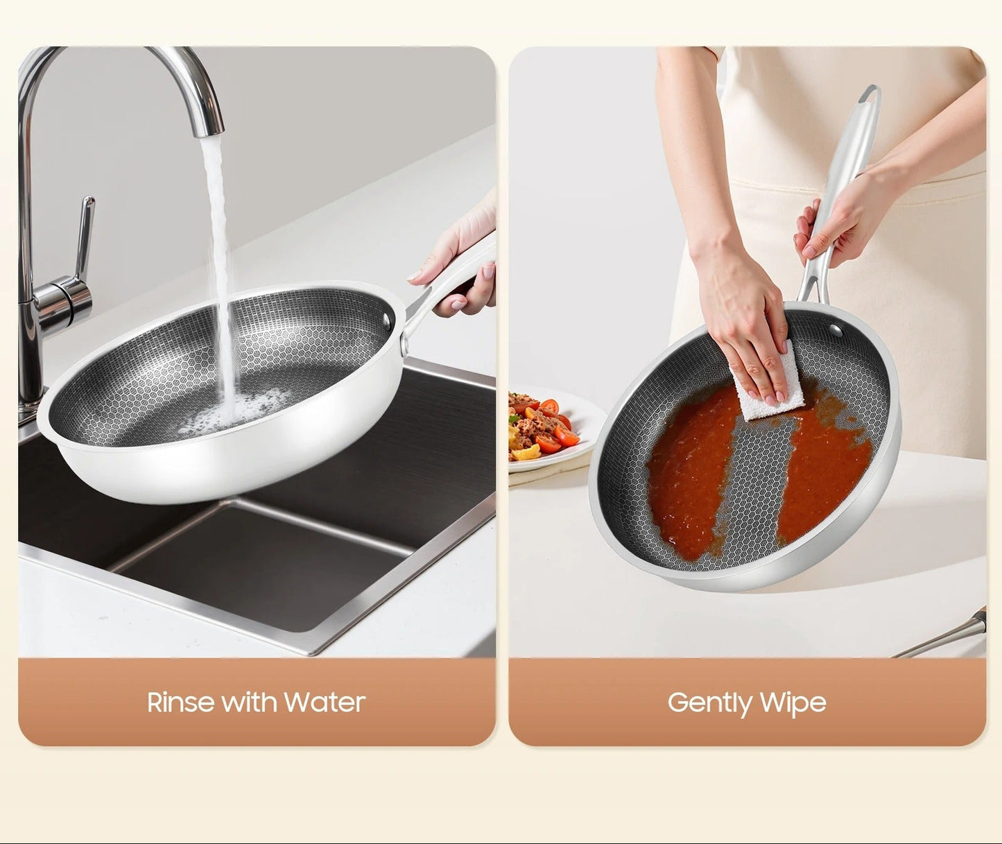 Poêle Inox Alvéolée Antiadhésive Nid d’Abeille Compatible Induction 28 cm avec lavage facile à l'eau