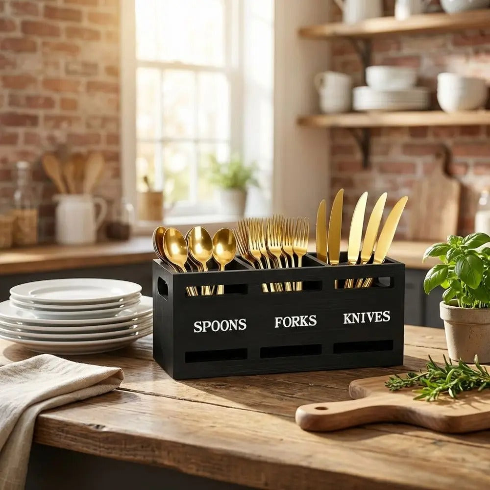 Porte-Couverts en Bois à 3 Compartiments avec Ustensiles dorés dans une cuisine lumineuse