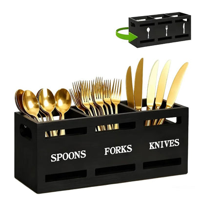 Porte-Couverts en Bois à 3 Compartiments avec Fourchettes, Couteaux et Cuillères en doré