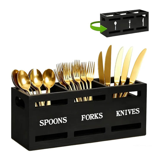 Porte-Couverts en Bois à 3 Compartiments avec Fourchettes, Couteaux et Cuillères en doré