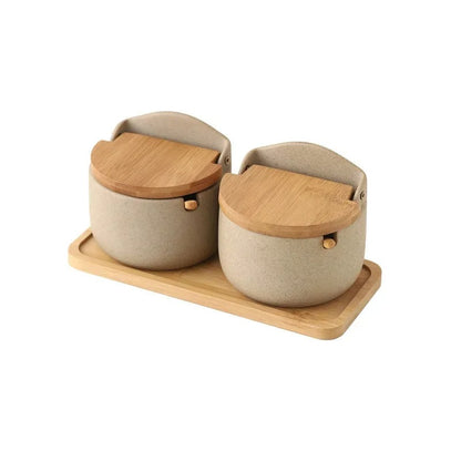 Pot à Épices avec Couvercle en Bambou – Céramique, ensemble de deux pots sur un support en bois