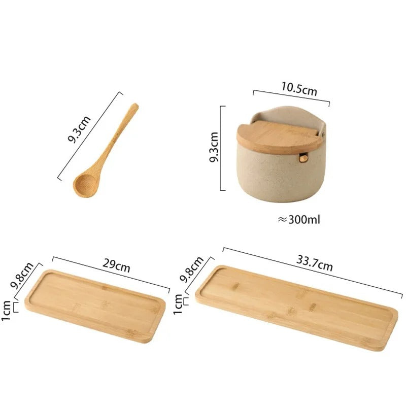 Pot à Épices avec Couvercle en Bambou – Céramique, incluant une cuillère et deux plateaux en bambou