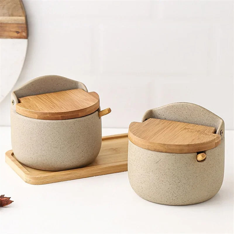 Pot à Épices avec Couvercle en Bambou – Céramique, élégant et pratique pour le rangement des épices en cuisine