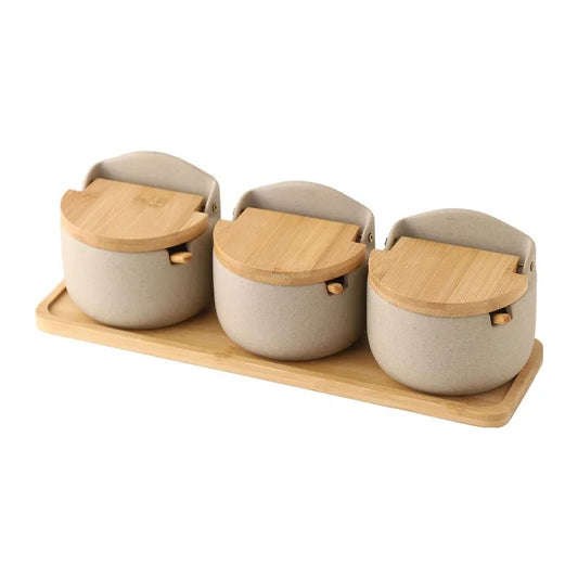 Pot à Épices avec Couvercle en Bambou – Céramique, ensemble de trois pots sur plateau en bois pour organiser les épices