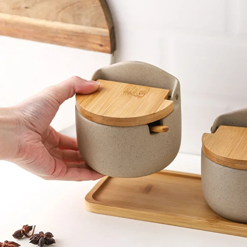 Pot à Épices avec Couvercle en Bambou – Céramique, idéal pour organiser vos épices dans la cuisine