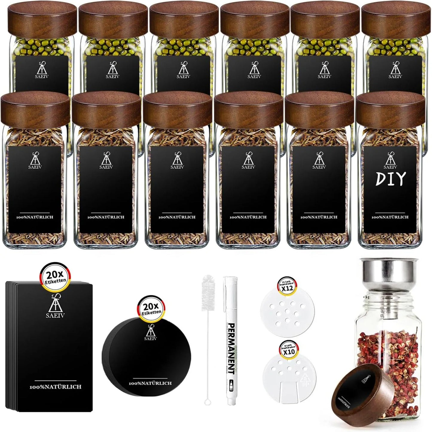 Pot à épices hermétique en verre avec couvercle en bois Lot avec étiquettes pour organiser votre cuisine