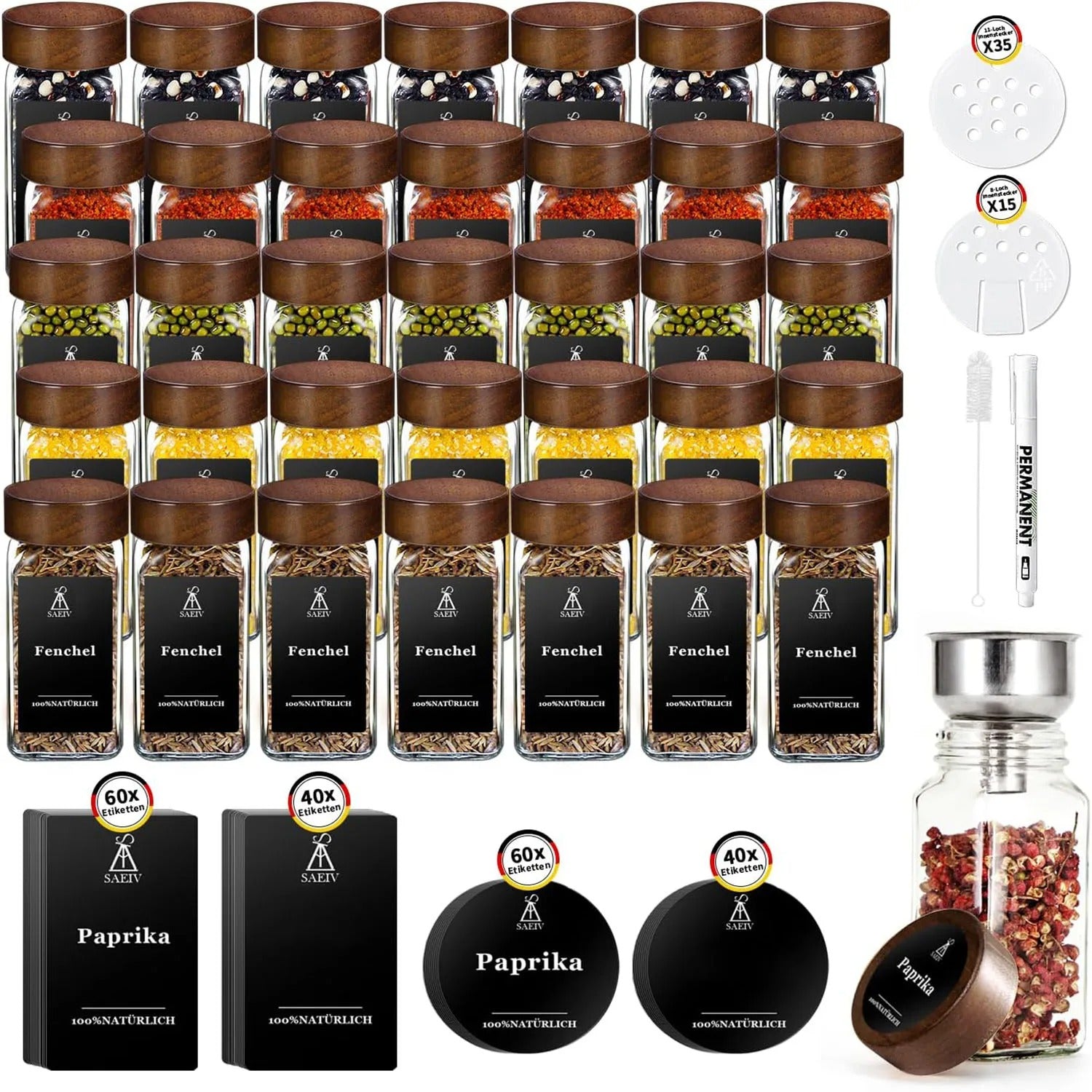 Pot à épices hermétique en verre avec couvercle en bois Lot avec étiquettes pour organiser vos condiments