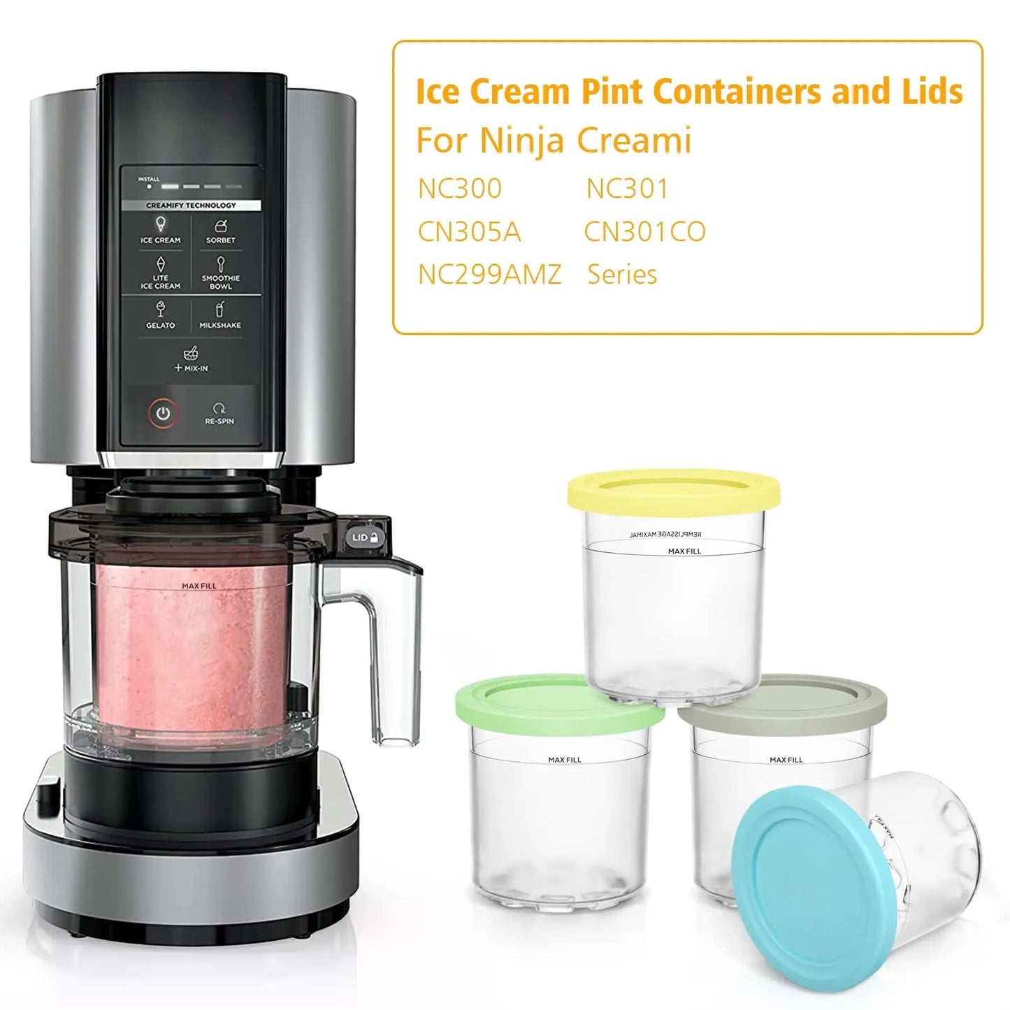 Pots Compatibles Ninja CREAMi 473 ml – Lot de 2 ou 4 avec couvercles colorés pour des glaces maison