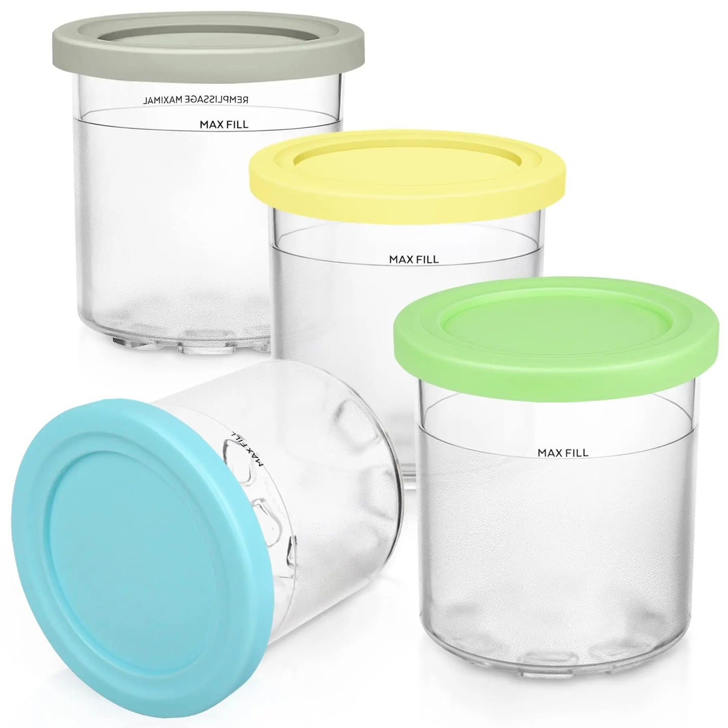 Pots Compatibles Ninja CREAMi 473 ml – Lot de 2 ou 4 avec couvercles colorés en vert, jaune, bleu et gris
