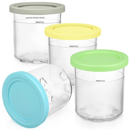 Pots Compatibles Ninja CREAMi 473 ml – Lot de 2 ou 4 avec couvercles colorés en vert, jaune, bleu et gris