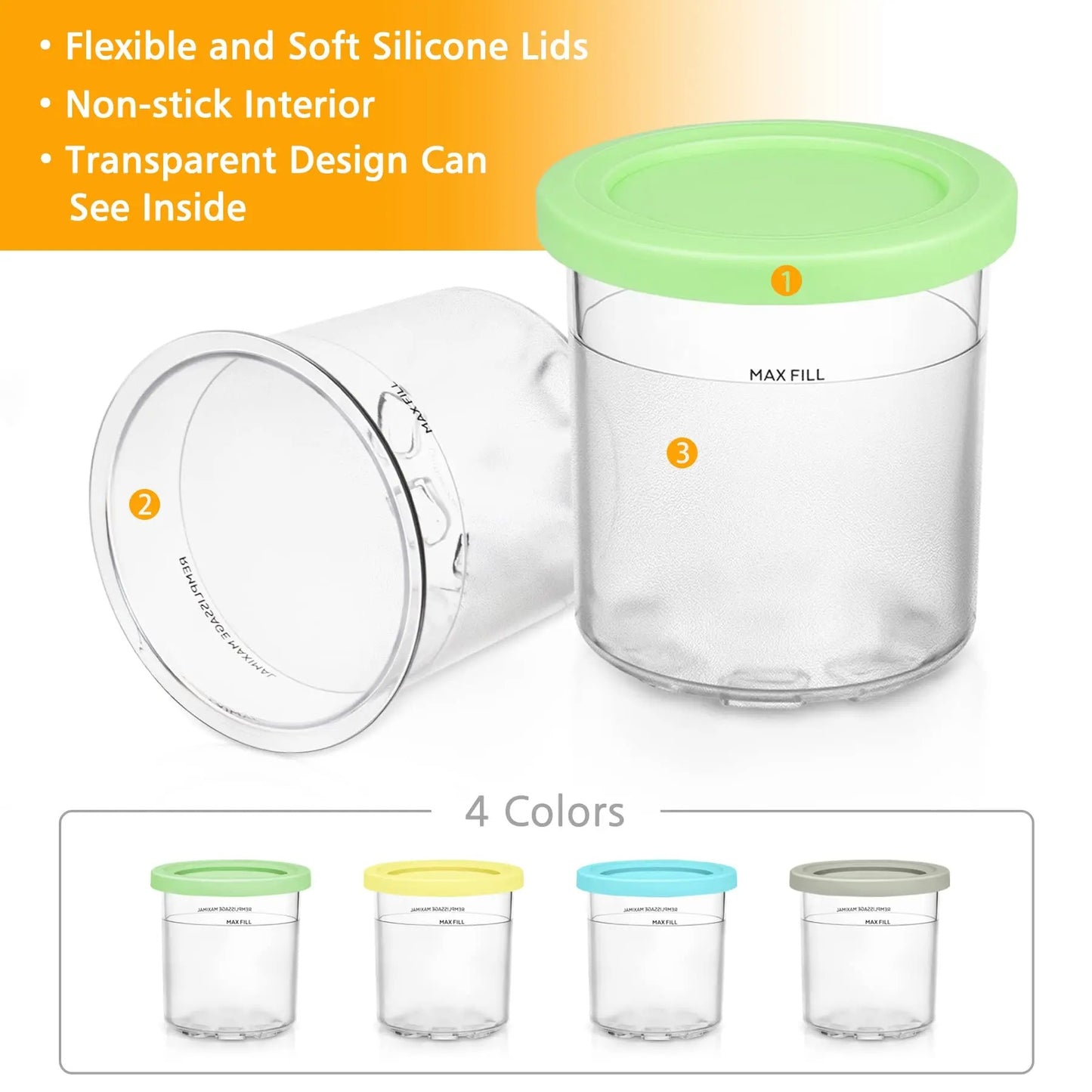Pots Compatibles Ninja CREAMi 473 ml – Lot de 2 ou 4 avec couvercles en silicone et design transparent