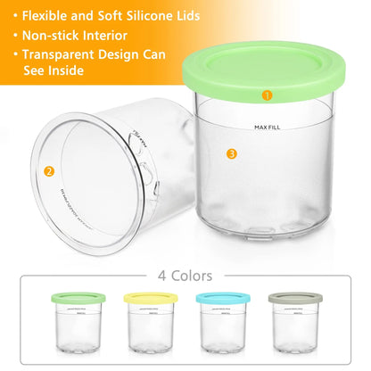 Pots Compatibles Ninja CREAMi 473 ml – Lot de 2 ou 4 avec couvercles en silicone et design transparent