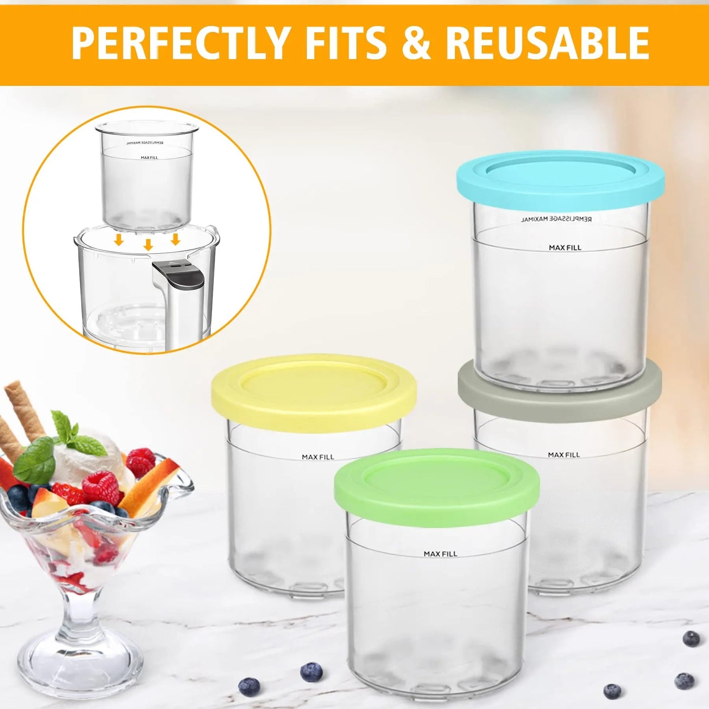 Pots Compatibles Ninja CREAMi 473 ml – Lot de 2 ou 4, avec couvercles colorés pour conserver vos desserts.