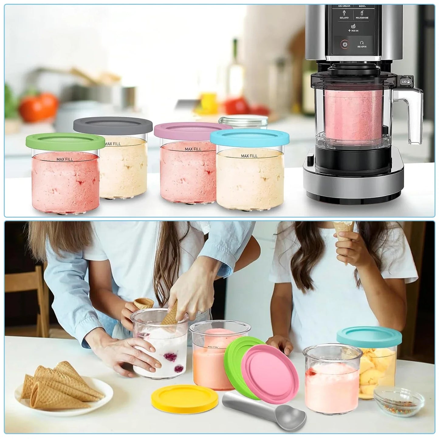 Pots Compatibles Ninja CREAMi NC299 NC300 NC301 avec couvercles colorés pour préparation de glaces maison