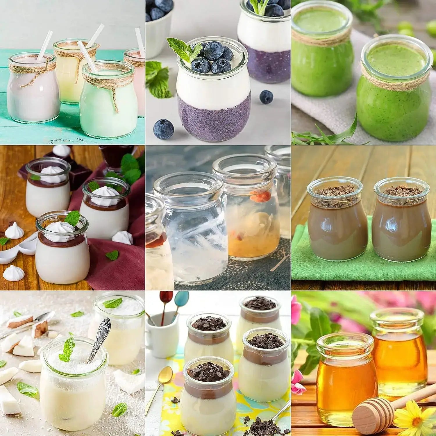 Assortiment de pots en verre 200 ml avec couvercles PE, parfaits pour desserts et préparations maison