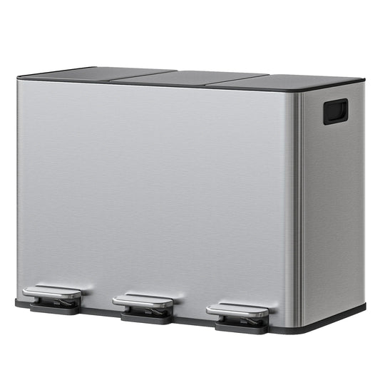 Poubelle de Cuisine 3 Compartiments 45 L en Inox avec pédales pour tri facile des déchets