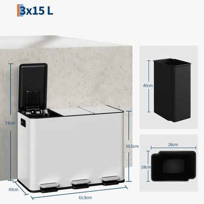 Poubelle de Cuisine 3 Compartiments 45 L en Inox avec pédales pour un tri facile 