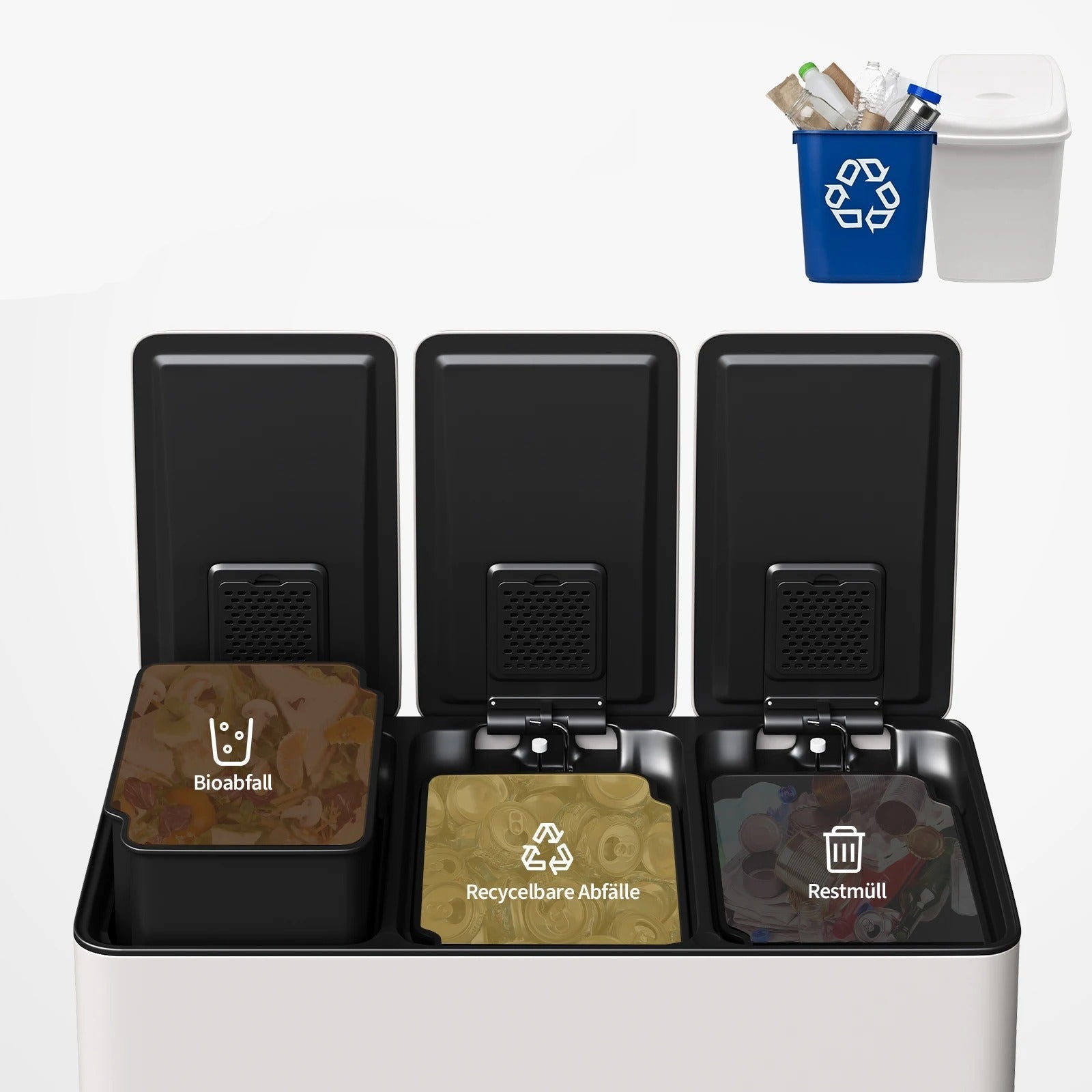 Poubelle de Cuisine 3 Compartiments 45 L en Inox avec couvercles pour déchets organiques, recyclables et restes