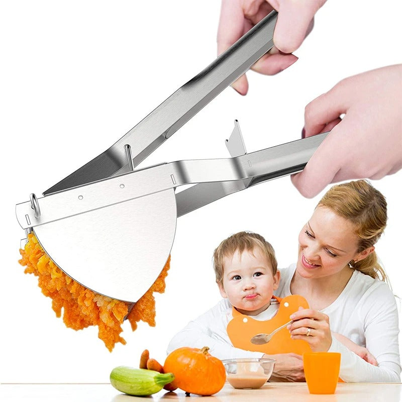 Presse-aliments inox manuel – Purées, fruits et légumes maison en action avec un enfant
