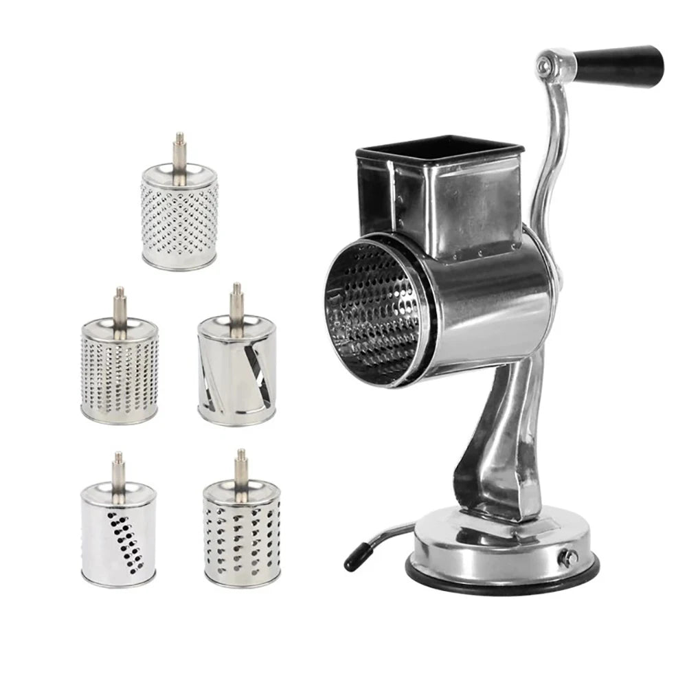 Râpe Rotative 5 Lames Inox – Fromage Légumes Fruits avec manche et base ventouse Ustensile de chef