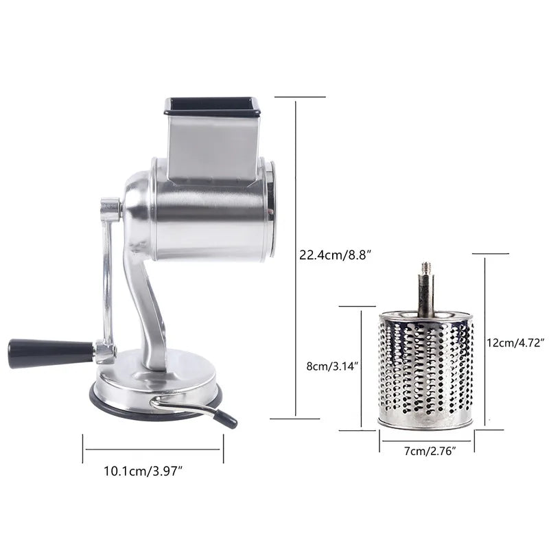 Râpe Rotative 5 Lames Inox – Fromage, Légumes, Fruits avec manivelle et support ventouse