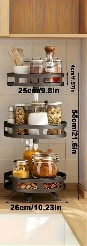 Rangement à Épices Rotatif 360° – 3 Niveaux en cuisine avec pots transparents et épices assorties