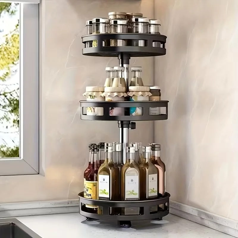Rangement à Épices Rotatif 360° – 3 Niveaux en noir, idéal pour organiser vos épices et sauces en cuisine.