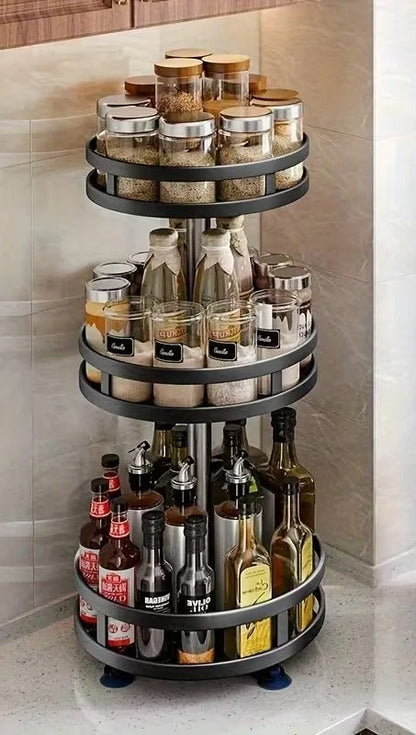 Rangement à Épices Rotatif 360° – 3 Niveaux avec bocaux en verre et bouteilles d'huile sur un support élégant