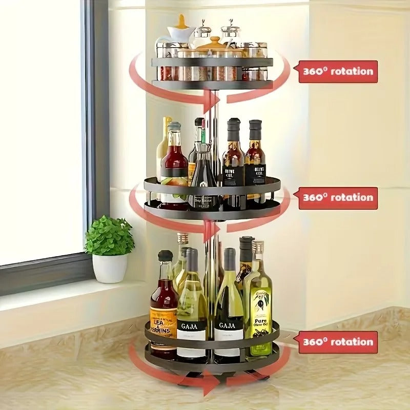 Rangement à Épices Rotatif 360° – 3 Niveaux avec espace pour bouteilles et pots d'épices sur un comptoir de cuisine